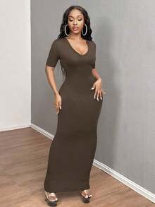 Vestido ajustado corto de manga corta con cuello en V liso para baile de graduación - Cafetería - Ver 7