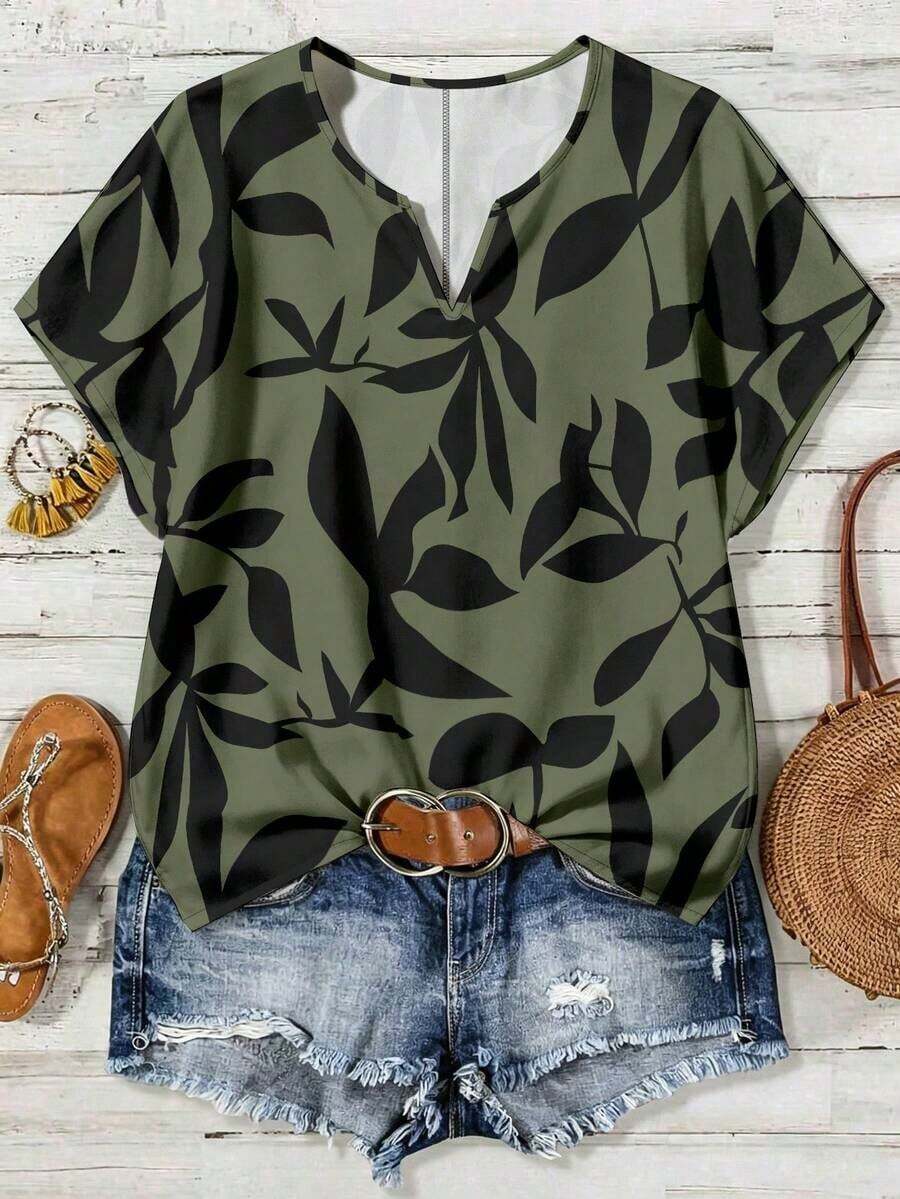 Mono informal con cuello en V y estampado floral para mujer talla grande - Multicolor 2 - Ver 1