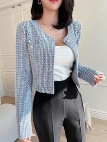 Chaqueta Con Estampado De Cuadros Con Cuello Redondo Corto, Frente Abierto Y Mangas Largas - Azul - Ver 8