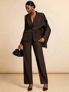 Conjunto casual de blazer y pantalones de unicolor con cuello entallado para ir al trabajo - Marrón - Ver 1