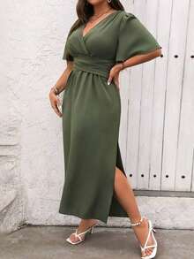 Vestido maxi de verano para mujer talla grande, de manga corta con volantes y cuello en V de un solo color - Verde militar - Ver 6