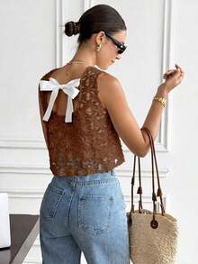 Blusa sin mangas casual y versátil con cuello redondo, decoración de moño y jacquard - Marrón - Ver 4