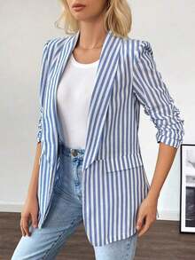 Blazer de solapa con cuello de chal, manga tres cuartos, fruncido, de estilo de dinero antiguo a rayas en blanco y negro, de lino, elegante y casual, de uso versátil, para mujer, ideal para negocios, profesores, Navidad y Año Nuevo - Azul y blanco - Ver 4