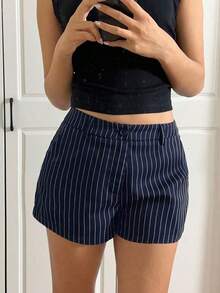 Shorts de mujer de talle bajo con rayas tejidas - Azul marino - Ver 5