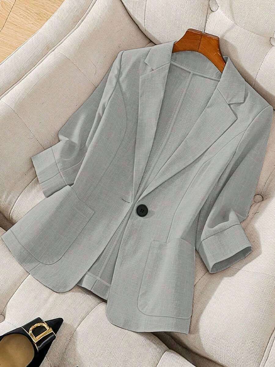Blazer ligero de verano con cuello de contraste, uso casual/laboral, de 3/4 de manga para mujer - Gris Claro - Ver 1