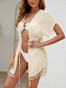 Kimono ribete con fleco de cintura con cordón de manga murciélago - Albaricoque - Ver 4