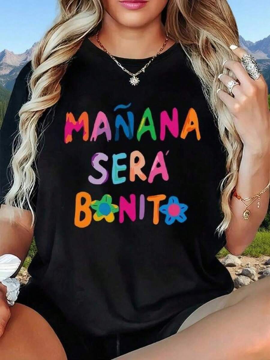 Camiseta de algodón de cuello redondo para mujer con estampado,Camiseta única y divertida con diseño colorido que dice Mañana Será Bonito estilo y2k perfecta para expresar optimismo y estilo en tus outfits, ideal para cualquier ocasión y amante de la moda que busca prendas originales y alegres. - Negro - Ver 1