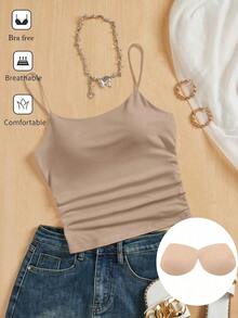 Camiseta ajustada con cuello redondo, almohadilla en el pecho y transpirable.Camisola básica para mujer sin sujetador - Camel - Ver 1