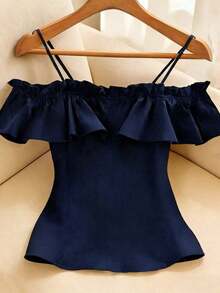 Blusa de hombros descubiertos con botones frontales y volantes de unicolor simple, para verano - Azul marino - Ver 2