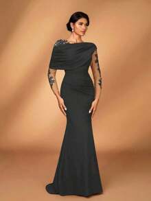 Elegante y romántico vestido de lujo de punto elástico verde oliva con contraste de malla, volante asimétrico en el hombro, ajustado y con bajo de cola de pez, adecuado para fiesta de noche, cita, baile de graduación, boda, luna de miel - Gris - Ver 6