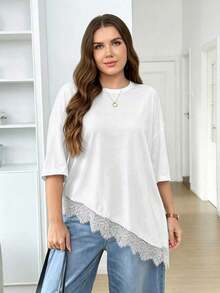 LUNE Camiseta de talla grande con parches de encaje y bajo asimétrico de unicolor - Blanco - Ver 7