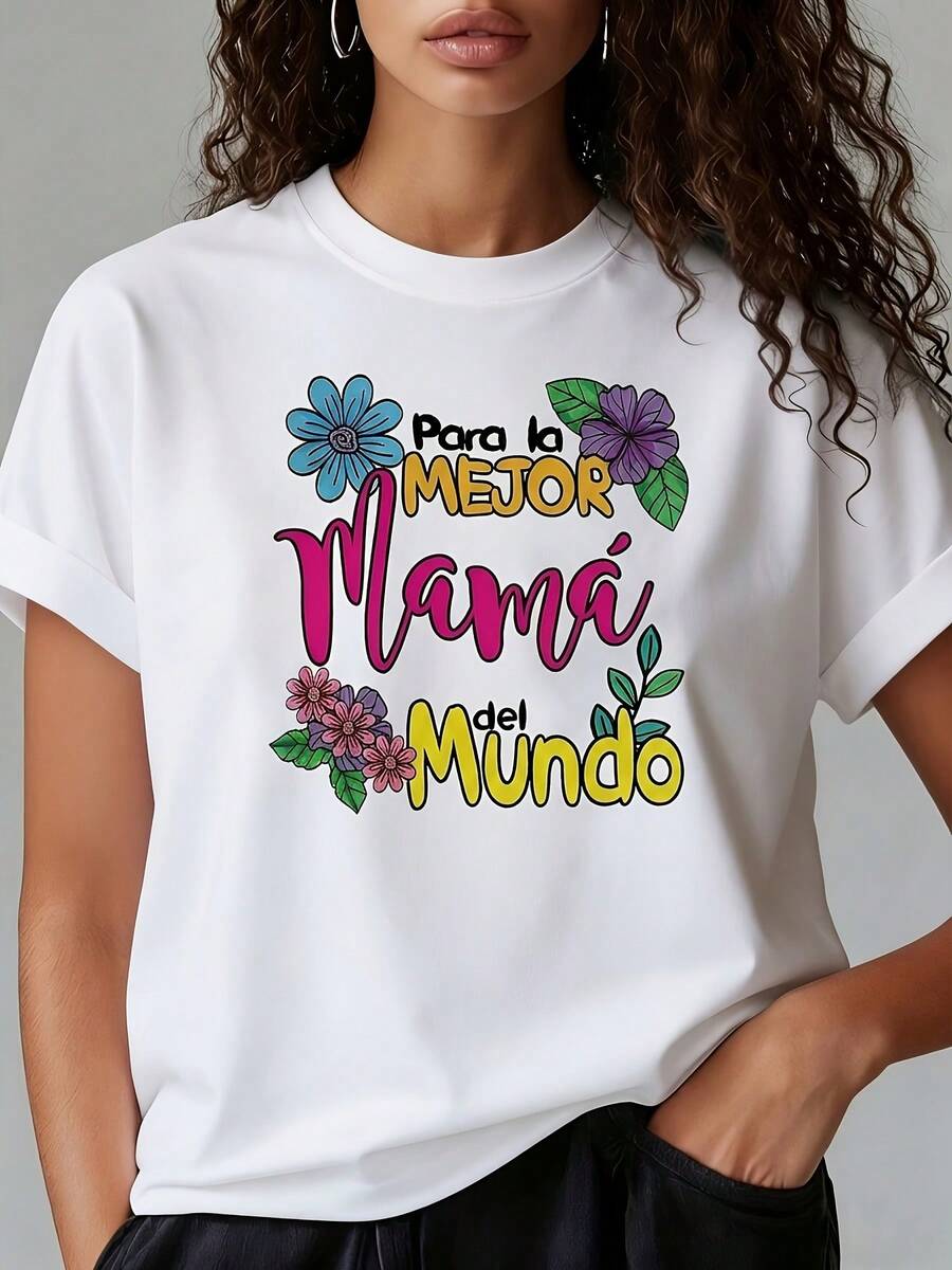 Nueva camiseta de moda para mujer con cuello redondo, talla, diseño creativo con la frase Mejor Mamá en español para el Día de la Madre, camiseta blanca de manga corta con estampado, lavable aáquina, estilo casual, ajuste cómodo, diseño moderno, versátil para uso diario, tela suave, estilo a. - Blanco - Ver 1