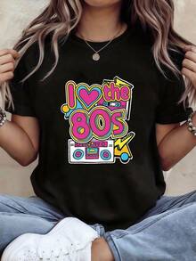 Plus Sizes. Women's T-Shirt With 'I Love The 80s Retro Boombox Disco' Letter Print, Short Sleeve, Round Neck, Casual Summer And Spring Top, Women's Clothing - 黑色 - 查看 1