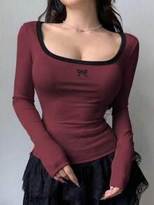 Camiseta de manga larga ajustada con decoración de lazo y bloque de color de patchwork para mujer, otoño - Burdeos - Ver 1