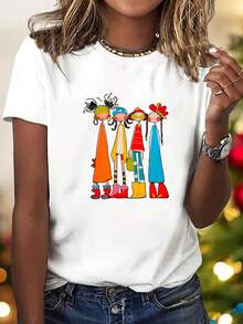 Pure Cotton T-Shirt With Artistic Cartoon Character Print - Stylish And Elegant - Unisex Crew Neck T-Shirt For Casual Sports, Short Sleeves, Available In Various Colors. Plain White T-Shirt. - 白色 - 查看 1