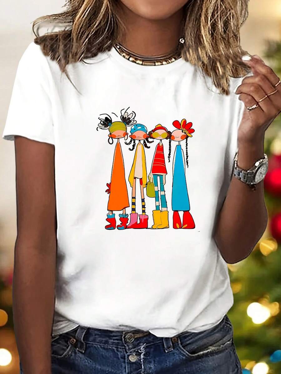 Pure Cotton T-Shirt With Artistic Cartoon Character Print - Stylish And Elegant - Unisex Crew Neck T-Shirt For Casual Sports, Short Sleeves, Available In Various Colors. Plain White T-Shirt. - 白色 - 查看 1