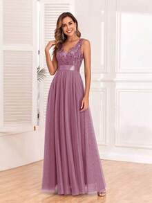 Vestido de dama de honor formal de línea A con escote en V sin mangas, bordado y de malla, vestido de fiesta elegante, vestido de invitado de boda formal, vestido de ceremonia de graduación, vestido de noche de primavera - Rosa vieja - Ver 7