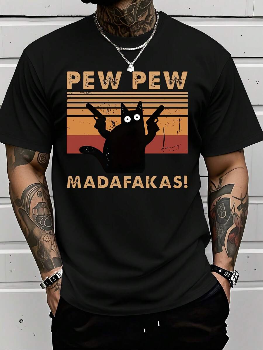 Camiseta Gráfica Casual Unisex para Hombre y Mujer, con Estampado de Gato de Dibujos Animados y Letras Gruesas "PEW PEW MADAFAKAS", Blanca, de Manga Corta para Verano, Corte Regular, Diseño Divertido y Humorístico, No Transparente, Lavable a Máquina. - Negro - Ver 1