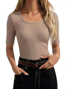 Selamara 3 piezas Camisetas casuales de mujer de unicolor, cuello redondo, manga corta y ajustadas con costillas - Albaricoque - Ver 5