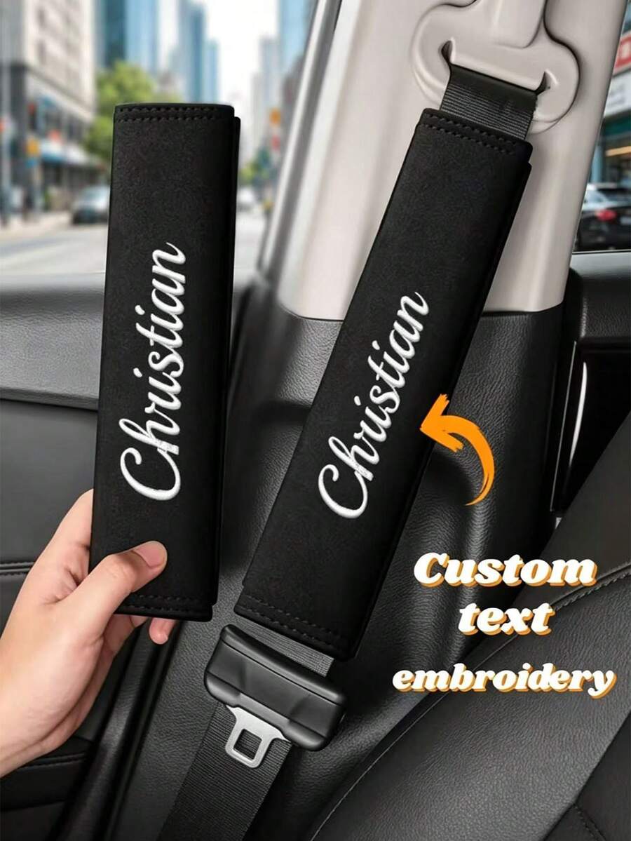 2 Pieces Custom Embroidered Car Seatbelt Shoulder Cushion, Soft And Comfortable, Anti-Friction, Stylish And Minimalist. Suitable For Backpacks And Seatbelts, An Ideal Gift For Friends, Road Trip - Black - View 1
