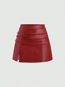 Falda mini acampanada de línea A con abertura lateral, de cintura alta y plisada, de PU estilo retro elegante para mujer, Y2K - Rojo - Ver 6