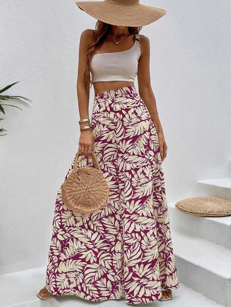 Pantalones de pierna ancha con estampado tropical - Burdeos - Ver 1