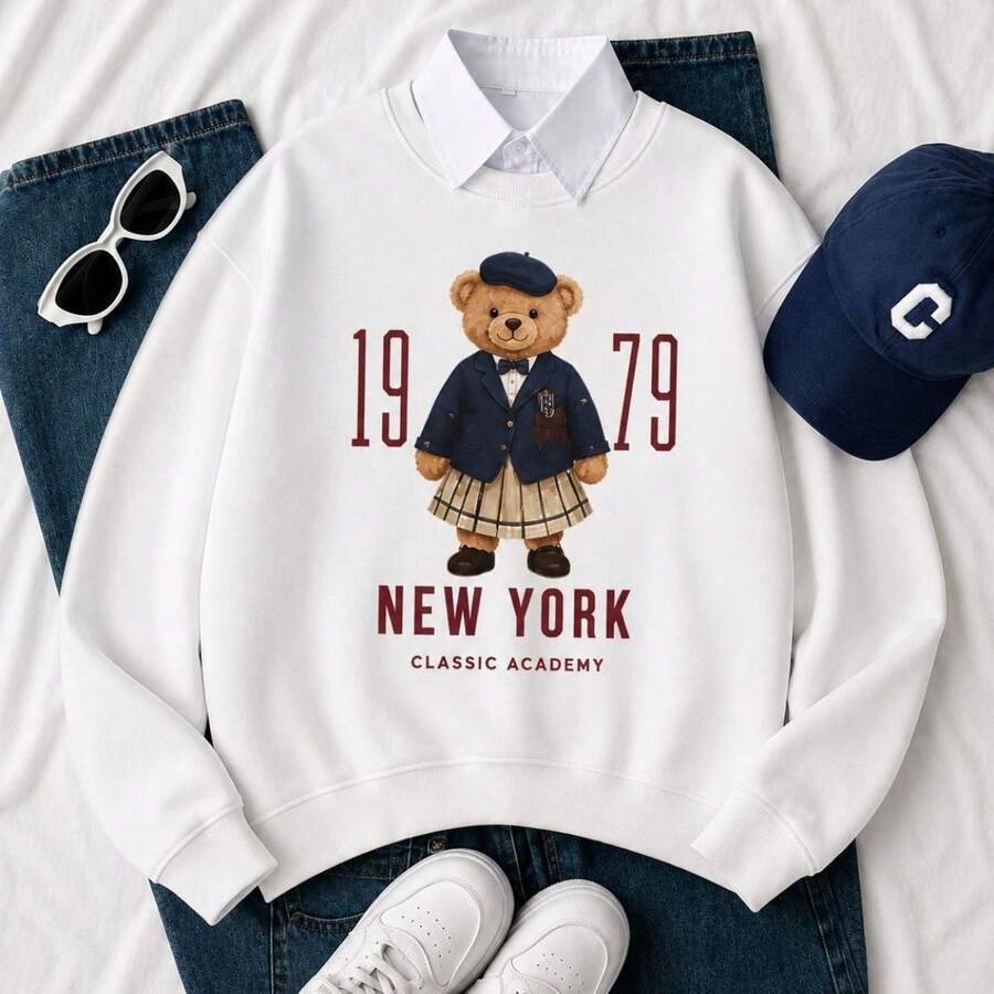 Women's Crew Neck Sweatshirt With Vintage Bear Print - Warm And Super Stylish Sweater, Ideal For All Seasons And Occasions - 白色 - 查看 1