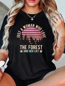 Camiseta Vintage Raglan Negra - Diseño de una Mujer que el Bosque y su Gato al Atardecer - Ropa Casual para Mujer - Estilo Urbano Vintage Unisex, Camiseta de Manga Corta de Algodón Suelto con Cuello Redondo - Negro - Ver 7