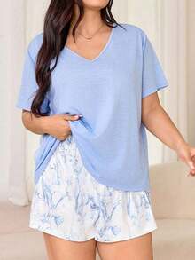 Miss Vinta Set de 2 piezas Pijama de mujer de talla grande con top de manga corta escote en V y shorts con estampado floral.Conjunto de pijama de verano cómodo de mujer con pantalón corto y top, ropa de estar por casa de verano - Multicolor - Ver 5