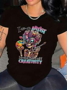Camiseta Gráfica Retro para Mujer - Diseño "Soy un Artista" con Esqueleto y Paleta de Pintura, Corte Cómodo, Cuello Redondo, Manga Corta, Lavable a Máquina, para Eventos Artísticos y Atuendo Casual - Camiseta Casual para Primavera, Verano y Otoño, Regalo Perfecto para Artistas - Estilo Urbano Vintage, Unisex, de Algodón, Manga Corta, Cuello Redondo. - Negro - Ver 7
