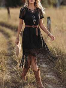 LUNE Vestido de manga corta con encaje y flecos de unicolor, vestidos de campo para mujeres, vestido de campo y occidental, atuendo bohemio para mujeres, vestido bohemio, ropa bohemia chic para mujeres, atuendos occidentales para mujeres, vestido de resort, vestido de vacaciones para mujeres - Negro - Ver 3