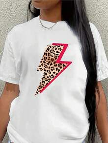 Camiseta de manga corta, ligera y duradera, con un diseño de rayos y estampado de leopardo, es perfecta para salidas informales a restaurantes o salas de estar, ofreciendo una experiencia de uso diario cómoda.women's shirts - Blanco - Ver 7