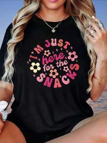 Camiseta Gráfica "Solo Estoy Aquí Por Los Snacks" para Mujer, Top Casual de Verano, Camiseta con Frase Divertida, Diseño Floral Bonito, Camiseta Oversize, Camiseta de Mujer, Camiseta - Negro - Ver 4