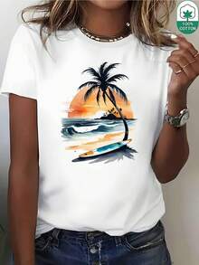 Camiseta de Verano 2026 de Nueva Moda con Estampado de Puesta de Sol en la Playa y Cocotero, Camiseta de Algodón Puro de 180g, Corte Regular, Cómoda y Elástica, Adecuada para Viajes Diarios y Uso Casual de Verano. 1U2K - Blanco - Ver 6
