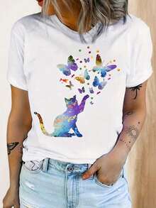 Under The RadarCamiseta Casual de Manga Corta para Mujer - Estampado Geométrico de Mariposa y Gato Arcoíris, Corte Relajado, Tejido Transpirable para Verano, Lavable a Máquina, Diseño Divertido, Tela con Elasticidad Media-Vintage Street Style Unisex Loose Cotton Short Sleeve Crew Neck T-Shirt - Blanco - Ver 1