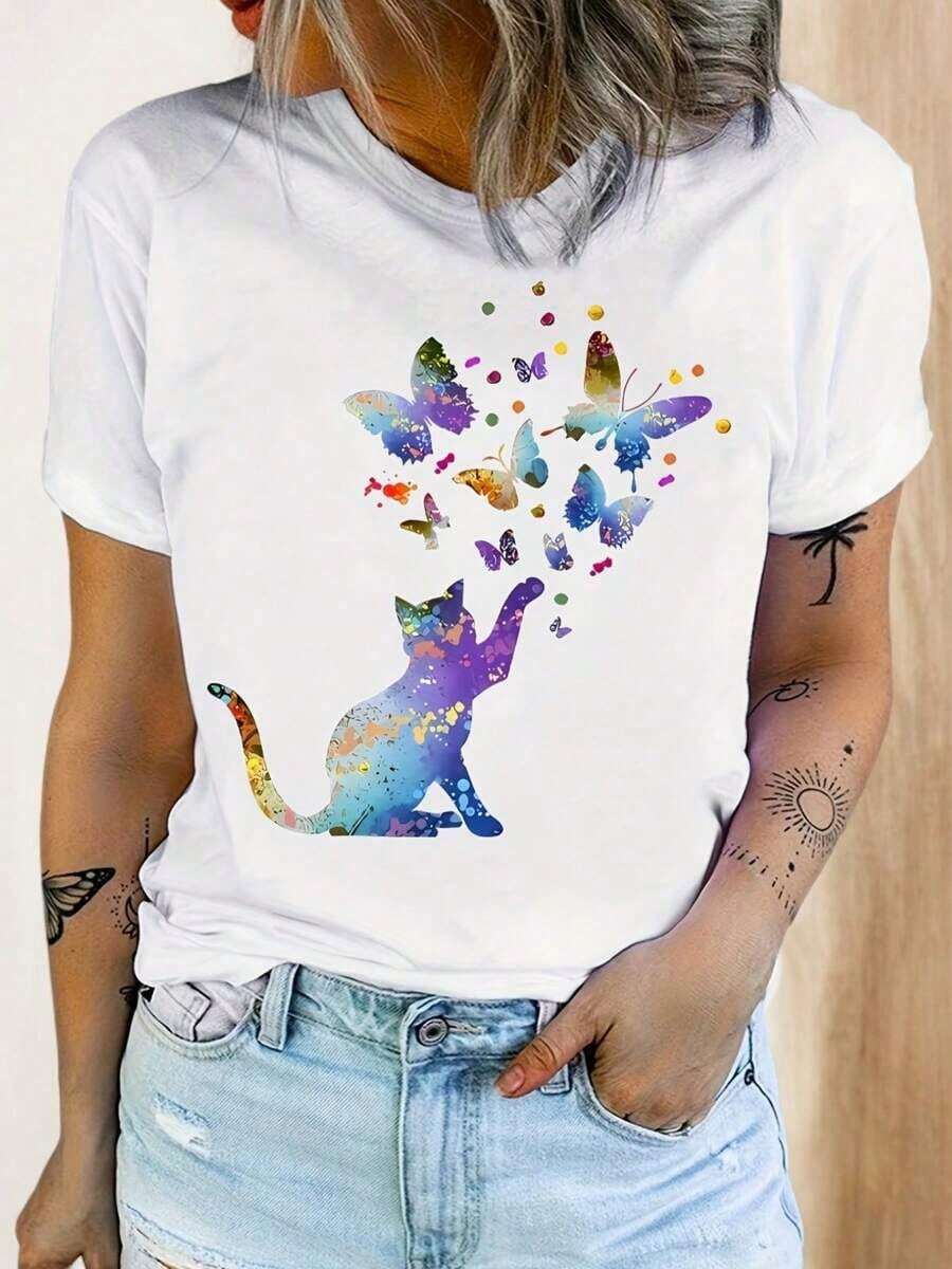 Under The RadarCamiseta Casual de Manga Corta para Mujer - Estampado Geométrico de Mariposa y Gato Arcoíris, Corte Relajado, Tejido Transpirable para Verano, Lavable a Máquina, Diseño Divertido, Tela con Elasticidad Media-Vintage Street Style Unisex Loose Cotton Short Sleeve Crew Neck T-Shirt - Blanco - Ver 1