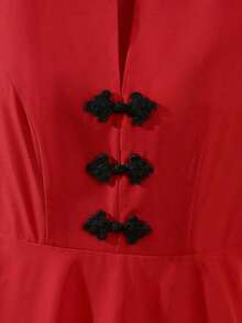 XHESHEIN  Vestido de verano con cuello en pico elegante, botones en la cintura y dobladillo acampanadoXHE - Rojo - Ver 6