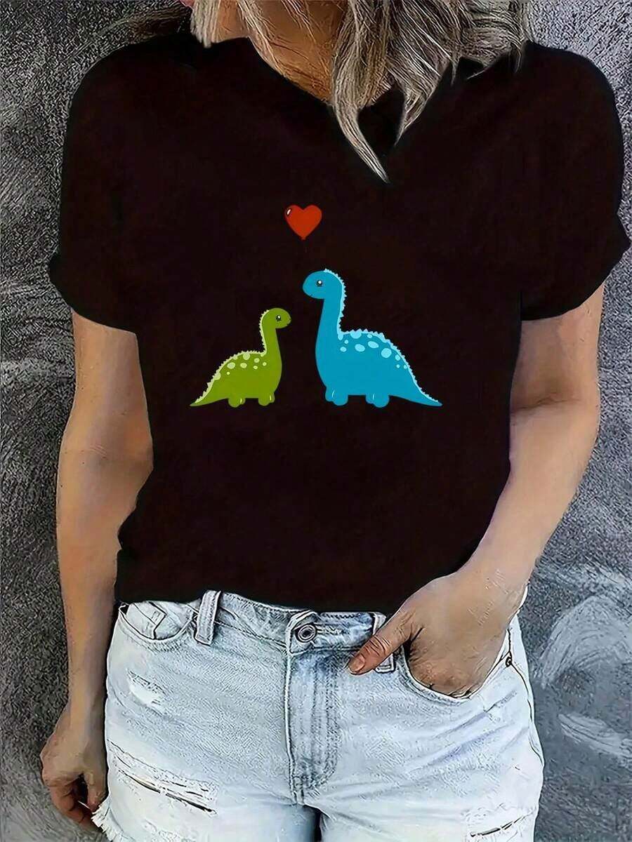 Women's Casual T-Shirt - Short Sleeve Casual T-Shirt With Dinosaur And Heart Balloon Print - Soft, Stretchy, Crew Neck, Summer Top, Machine Washable, Comfortable Fit, Relaxed Style, Fun Design, Printed T-Shirt, Ideal For Fashion Enthusiasts - 100% Cotton - Durable - 黑色 - 查看 1