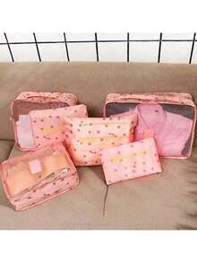 6pcs Waterproof Luggage Travel Organizer Set, Colorful Portable Zipper Packing Cubes For Clothes, Suitable For Travel, Dorm, Suitcase, Minimalist Style (All Prints & Letters Random) - Pink - View 4