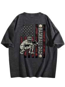 Baseball Dad USA Flag Catcher Washed Pink Graphic Tee,Men's & Women's Vintage Washed 230gsm Heavyweight T-Shirt, Soft Crew Neck Short Sleeve Tee With Retro Graphic & Letter Print, Casual Summer Breathable Layerable Top - 黑色 - 查看 1
