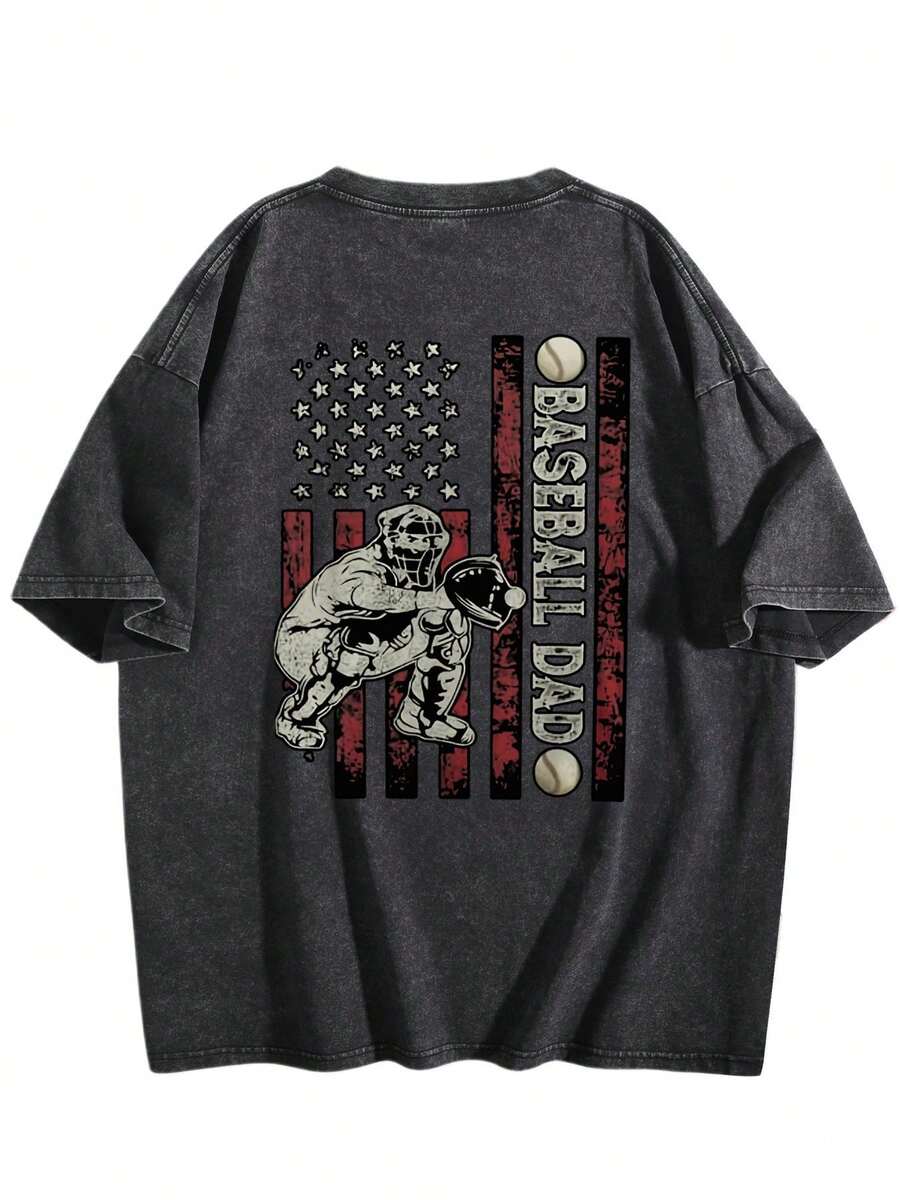 Baseball Dad USA Flag Catcher Washed Pink Graphic Tee,Men's & Women's Vintage Washed 230gsm Heavyweight T-Shirt, Soft Crew Neck Short Sleeve Tee With Retro Graphic & Letter Print, Casual Summer Breathable Layerable Top - 黑色 - 查看 1
