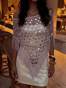 Summer Beach Cover-Up, Casual Holiday Solid Color Sequin Loose Hollow Shoulder Tassel Top, Suitable For Beach Party, Music Festival - Mauve Purple - View 8