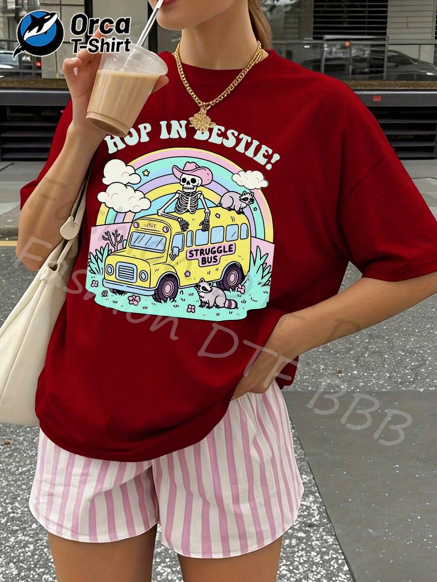 Women's Casual Short-Sleeved T-Shirt, Ideal For Summer Holidays, With A Raccoon Skeleton Print, Regular Fit, 100% Cotton, 180g, Orca Brand. Suitable For Summer Leisure, Outdoor Activities, Sports, Holidays, Gifts, And Other Occasions. - 紅色 - 查看 1