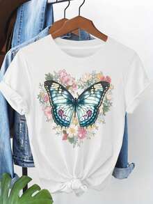 1 camiseta vintage para mujer con estampado de mariposas y corazones florales - de manga corta, cuello redondo, estilo casual, adecuada para primavera y verano, lavable a máquina, diseño vintage, ropa cómoda e informal, ideal para usar en capas o para combinar. 100% algodón, 180g. - Blanco - Ver 1