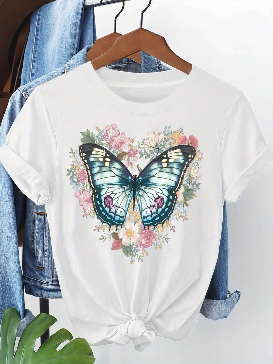 1 camiseta vintage para mujer con estampado de mariposas y corazones florales - de manga corta, cuello redondo, estilo casual, adecuada para primavera y verano, lavable a máquina, diseño vintage, ropa cómoda e informal, ideal para usar en capas o para combinar. 100% algodón, 180g. - Blanco - Ver 1