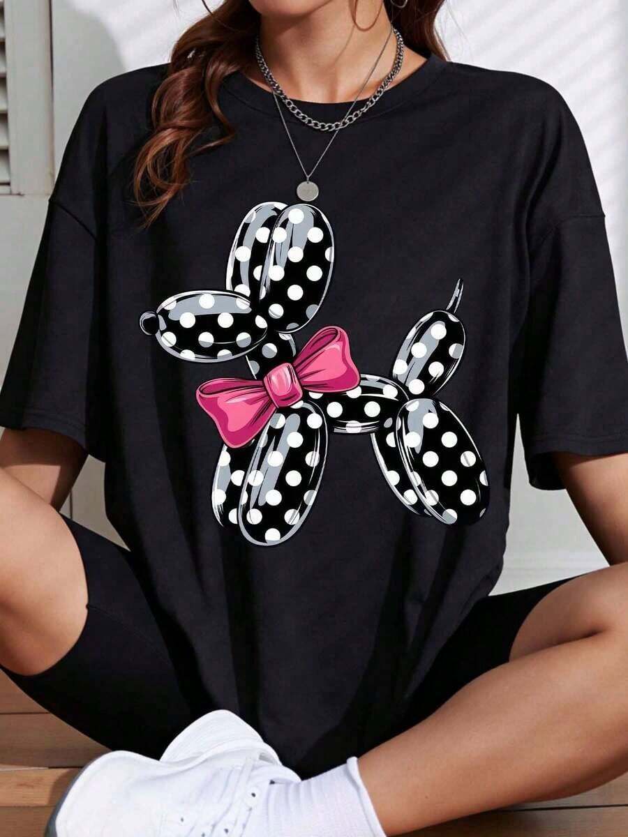 Camiseta de Mujer con Estampado de Perro Globo, Lazo Rosa y Puntos, Negra, Estilo Casual, Oversize, Gráfica, Moda de Verano, Estilo Streetwear - Negro - Ver 1