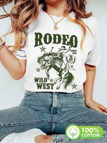 Women's Clothing, Spring And Summer Garments, Women's Blouses, Vintage Style, Cowboy, Horse, Rodeo, Wild West, Versatile, Short Sleeve, Round Neck, Pure Cotton T-Shirt, Women's Shirts. - 白色 - 查看 6