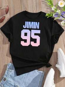 Playera de mujer con estampado de Jimin, camiseta de manga corta, mercancía para fans de  para mujeres, camiseta negra casual para conciertos y uso diario - Bonita idea de regalo para ARMYs, casual diario. - Negro - Ver 4