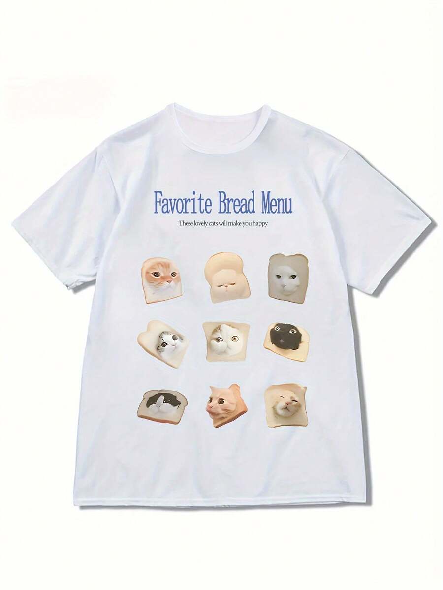 Adorable Cat & Bread Cartoon Print T-Shirt For Women - Casual Crew Neck, Soft Cotton Blend, Machine Washable - Perfect For Summer - White - View 1