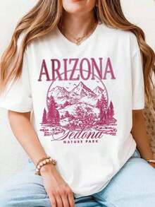 Women's Short-Sleeved T-Shirt With A Graphic Print Of Arizona's Sedona National Park, Casual Summer Outfit, Comfortable Fabric, Perfect As A Gift. - 白色 - 查看 6